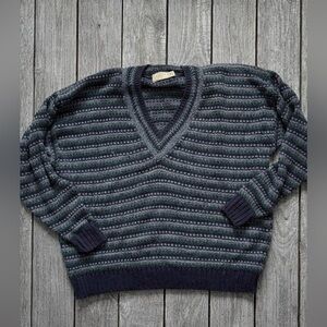 Vintage 90s Sears Men’s Store Striped V-Neck Sweater XXL Green Gray